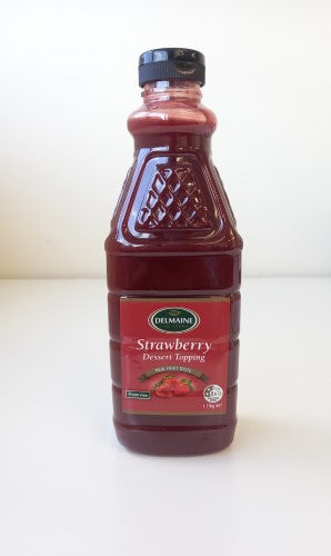 Delmaine Strawberry Topping 1.17kg bottle, perfect for desserts, smoothies, and gluten-free recipes, bursting with fresh flavor.