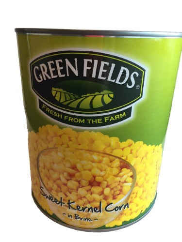 Canned Corn Whole Kernal A10 by Greenfields, featuring tender, brine-soaked kernels perfect for salads and soups.