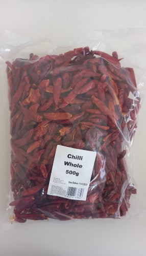 Whole dried chillies in a 500gm packet, vibrant red, perfect for adding spice and flavor to various dishes.