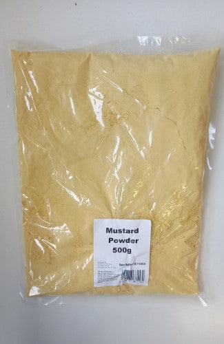 Bright yellow mustard powder in a 500gm packet, perfect for enhancing flavors in marinades and dressings.