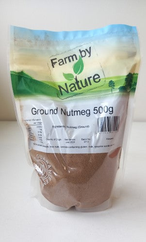 Ground nutmeg packet (500g), enhancing sweet and savory dishes with rich flavor and health benefits. Ideal for cooks and bakers.