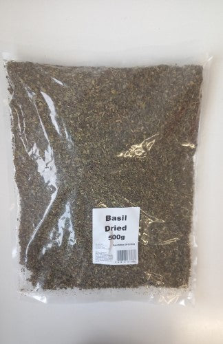 Premium dried basil packet, 500g, perfect for Italian dishes, sauces, and soups, with robust flavor and vibrant color.