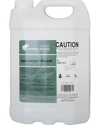 Green Rhino GRK12-5 5 Litre Bleach Bottle for commercial use, tough on stains and disinfects surfaces effectively.