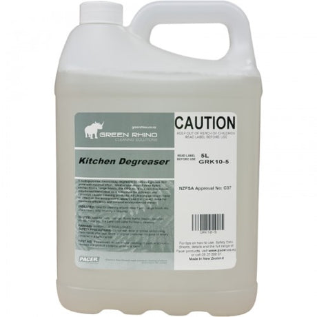 Eco-friendly 5L Kitchen Degreaser Green Rhino bottle, designed for tough grease removal in kitchens and commercial spaces.