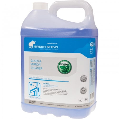 Bottle of Cleaner Glass & Mirror Enviro G/Rhino 5 Litre, eco-friendly formula for streak-free shine on glass surfaces.