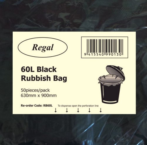 Durable 60L rubbish bags, 650mm x 900mm, 50 per packet—ideal for heavy waste disposal and leak prevention.