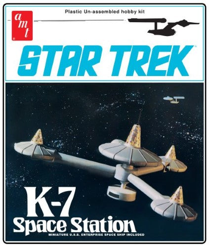 Detailed 1:7600 scale model of K-7 Space Station from Star Trek, includes U.S.S. Enterprise mini and easy assembly instructions.