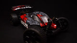 Radio-controlled 1/8 scale Vorza Flux Buggy in vibrant colors, equipped with durable all-terrain tires and advanced suspension.