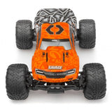 Electric-powered 1/10 scale monster truck with custom body wrap, 4WD, and brushless motor, ideal for high-octane adventures.