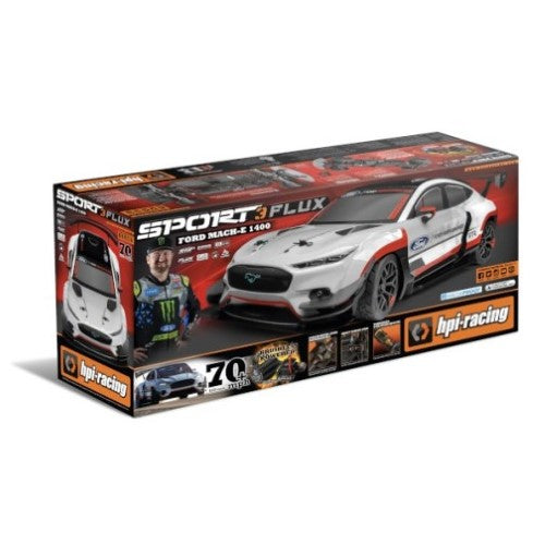 Remote control Ford Mustang Mach-E 1400, 1/10 scale, 4WD, detailed replica with Ford Performance livery and high-speed HPI Flux motor.