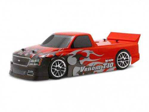 Alt text: "Venom T-10 Truck Body designed for 200mm chassis, featuring durable polycarbonate, pre-cut decals, and striking pickup design."