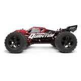 Red and silver 1/10 electric stadium truck with powerful motor, waterproof speed control, and adjustable suspension for outdoor fun.
