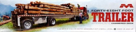 Detailed 1/25 scale model kit of a 48' cambered flatbed trailer for hobbyists and model enthusiasts.