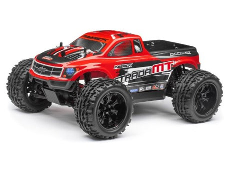 Red painted body shell for Maverick Strada MT, designed for durability and style in RC truck racing and off-road adventures.