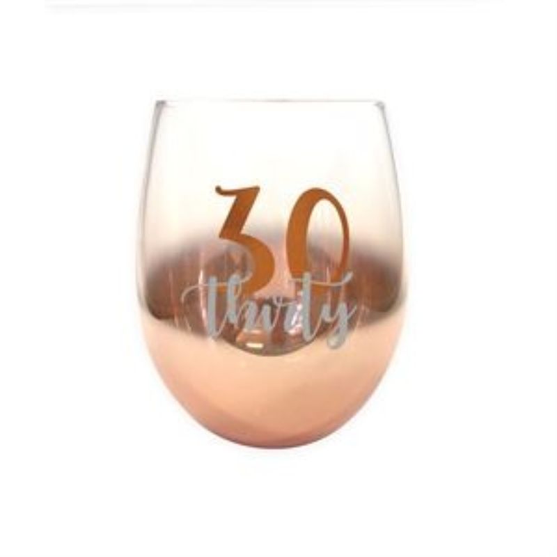 Elegant 30th Ombre Stemless Wine Glass with a stunning gradient design, perfect for enhancing wine aroma and style.