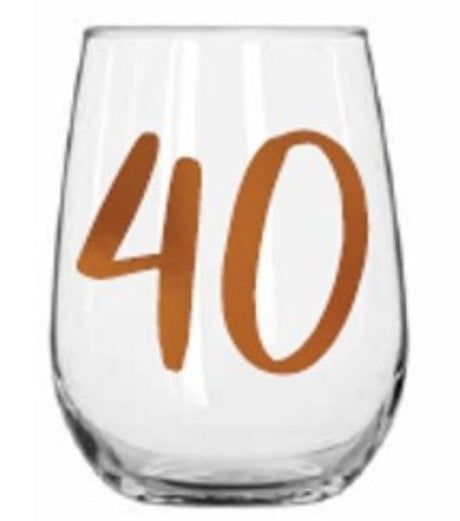 Vibrant 40th Rainbow Stemless Wine Glass, perfect for celebrations, offers a modern design and comfortable grip.