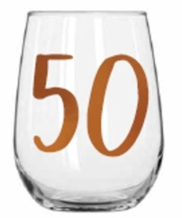 Colorful stemless wine glass celebrating 50th birthday with rainbow design, perfect for special occasions and durable for parties.