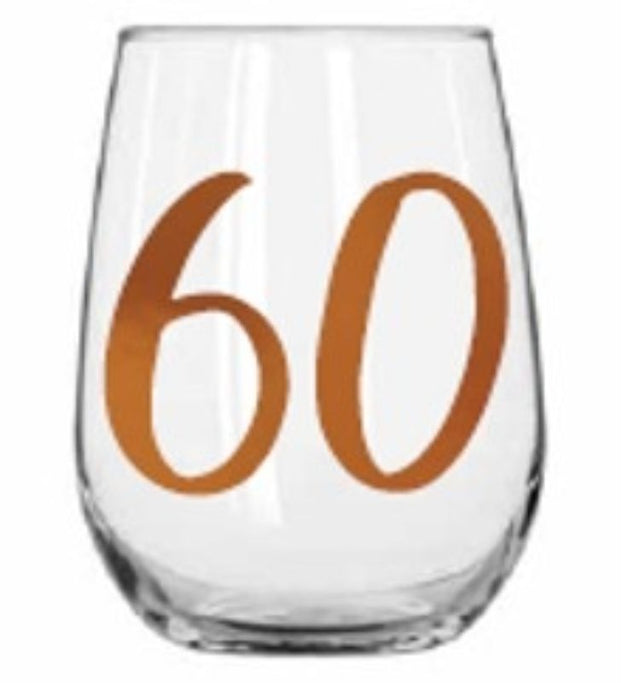 60th Rainbow Stemless Wine Glass featuring a vibrant design, perfect for elegant celebrations and casual sipping.