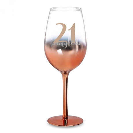 Elegant 21 Rose Gold Ombre wine glass (430ml) featuring a stylish gradient from rose gold to clear, perfect for any occasion.