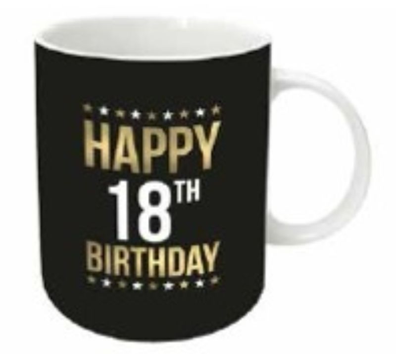 Gold foil 18th birthday mug, 12oz, perfect for hot drinks and celebrations, a stylish gift for new adults.