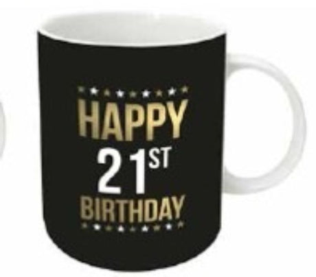 Gold Foil 21st Birthday Mug, 12oz, featuring elegant design and shimmering detail, perfect for celebrating adulthood.