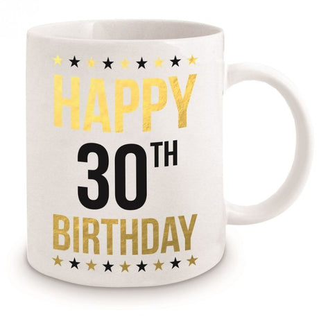 Ceramic 11oz mug with elegant gold design, perfect for celebrating a 30th birthday with style.