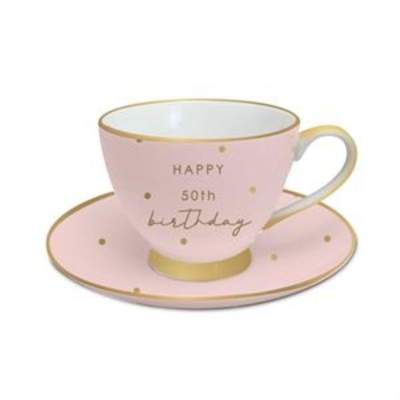 Elegant 50th anniversary tea cup and saucer set, crafted from high-quality porcelain with intricate designs.