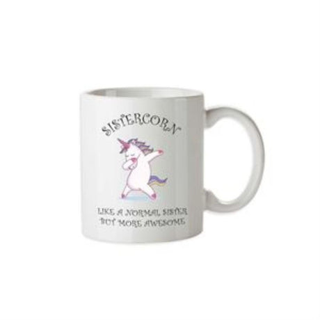 Whimsical 12oz SISTERCORN mug featuring a unicorn design, perfect for sipping coffee or tea with style and durability.