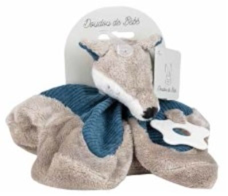 Cuddly 20cm grey and blue fox doudou comforter, perfect for nurturing a child's comfort and imaginative play.