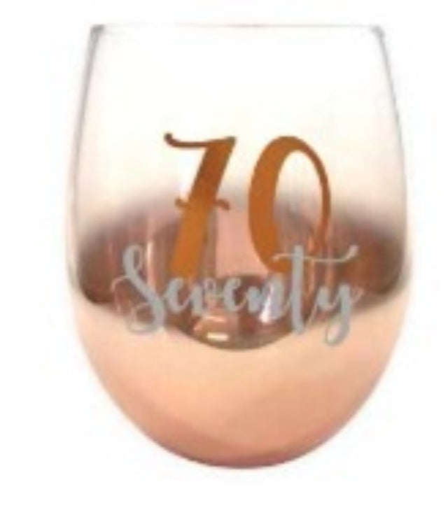 Elegant 70th Ombre Stemless Wine Glass with a beautiful ombre design, perfect for celebrating milestones in style.