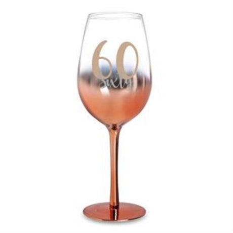 Elegant 60 Rose Gold Ombre Wine Glass (430ml) perfect for stylish sipping at gatherings or as a gift for wine lovers.