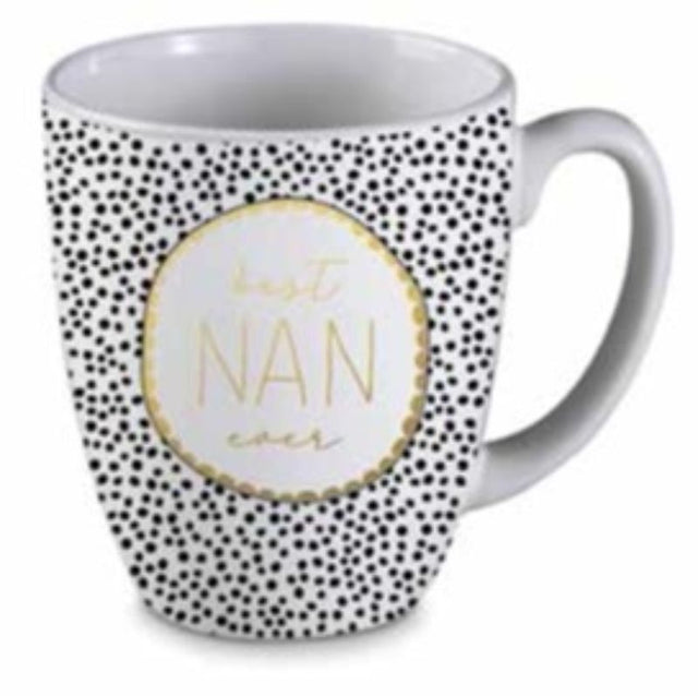 Elegant black dot ceramic mug featuring "Best Nan Ever", perfect for coffee or tea, microwave and dishwasher safe, 11oz.