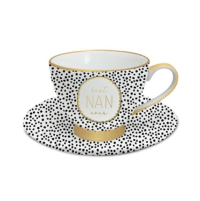 Elegant black dot teacup and saucer set with "Best Nan Ever" text, perfect gift for grandmothers and tea lovers.