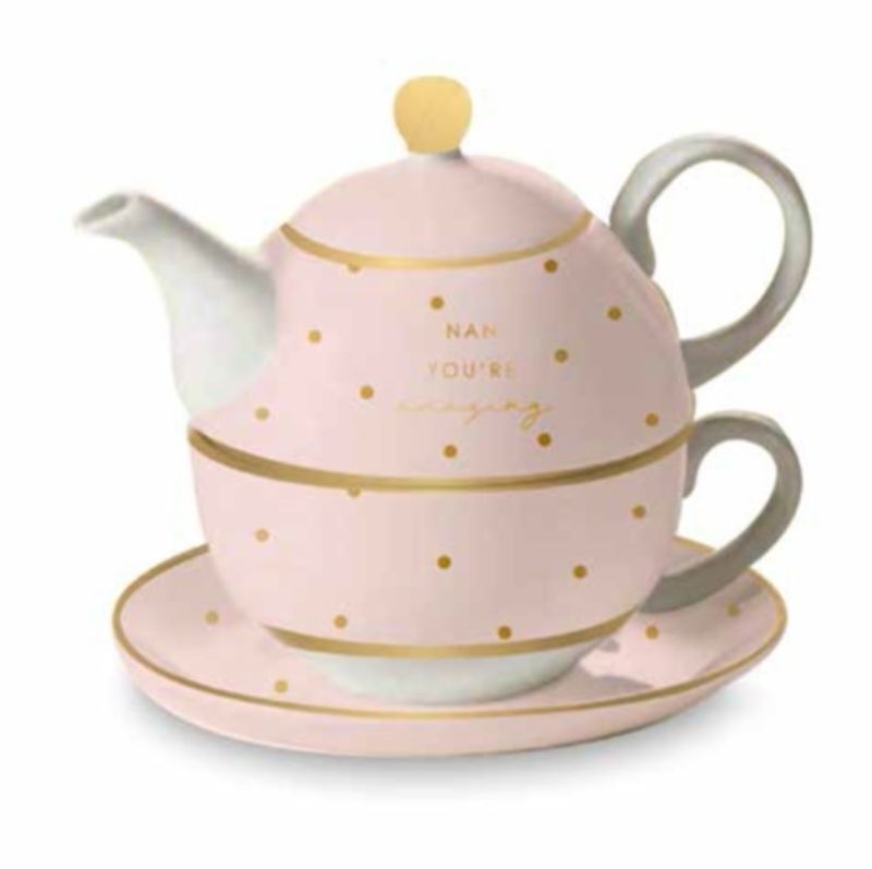 Elegant pink and gold tea set with 'You're Amazing' inscription, perfect for enjoying tea or gifting to a loved one.