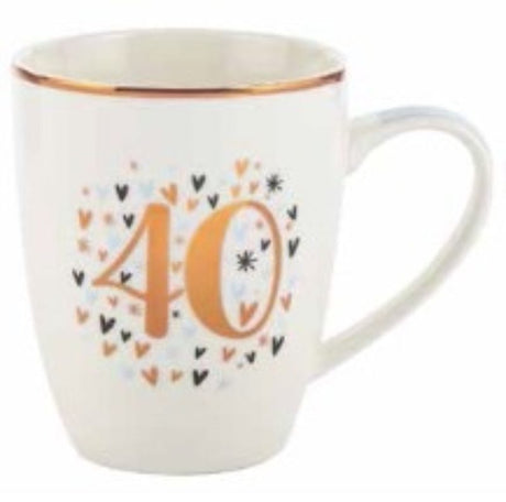 Vibrant pastel heart design 12oz ceramic mug, perfect for celebrating 40th birthdays with style and joy.