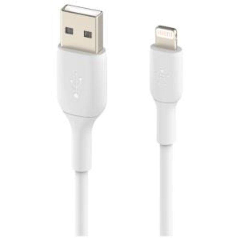 Belkin 1m Lightning to USB-A cable in white, designed for fast charging and data transfer for Apple devices.