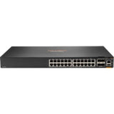 Aruba 6200F 24G 4SFP+ Switch showcasing 24 ports, PoE support, and advanced management features for enterprise networking.