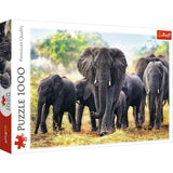 Trefl '1000' Puzzle showcasing majestic African elephants in the savannah, crafted from durable blue-board material.