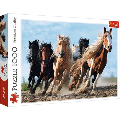 High-quality 1000-piece puzzle featuring galloping horses, perfect for family fun and skill-building.