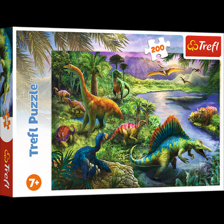 Trefl '200' Predatory Dinosaurs puzzle featuring detailed illustrations of fierce dinosaurs like T. rex and Velociraptor.