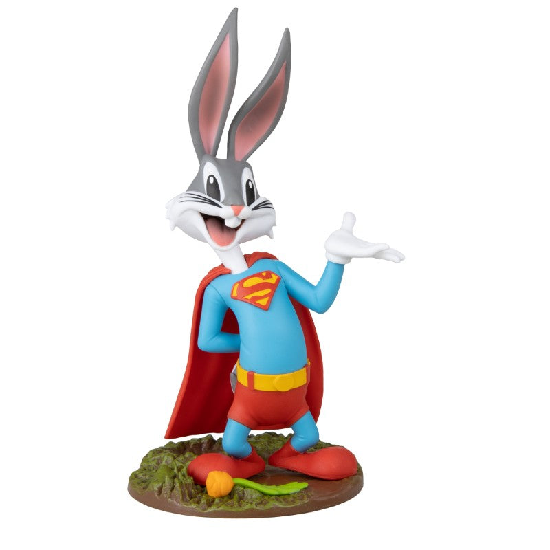 Bugs Bunny as Superman 6-inch figurine with scenic background, alternate hand, and authenticity certificate in gift packaging.