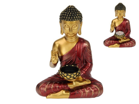 Set of 2 exquisite 21cm gold and red sitting Rulai Buddha ornaments, perfect for enhancing home decor and promoting tranquility.