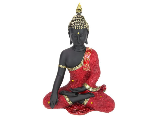 35cm red Rulai Buddha statue in a robe, representing tranquility, mindfulness, and good fortune for home decor.