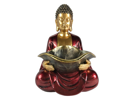 29cm Gold & Red Sitting Buddha ornament, featuring intricate details and a bowl for offerings, symbolizes tranquility and mindfulness.