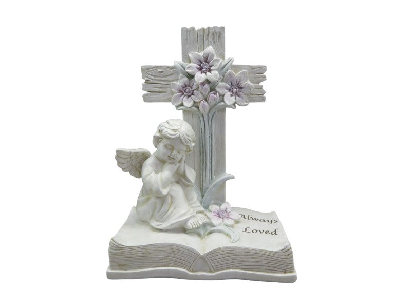 Set of 2 charming 20cm cherub ornaments on books with crosses, perfect for religious decor and serene home accents.