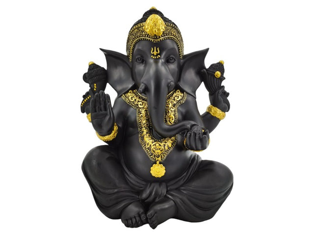 36cm Sitting Gold & Black Ganesh ornament, embodying wisdom and prosperity with intricate design and spiritual significance.