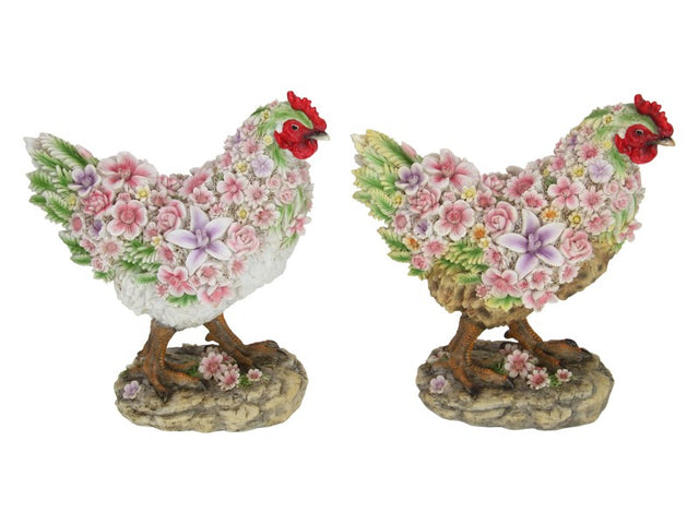 Set of 2 decorative 31cm hen ornaments featuring elegant flower finishes for rustic charm in any home décor.