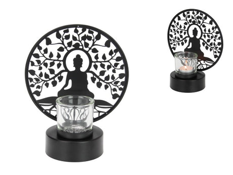 Set of 2 elegant 22cm Buddha tea light holders with intricate Tree of Life design, perfect for serene home decor.