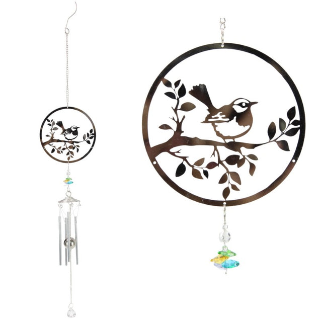 78cm Silver Wren wind chimes with crystal accents, ideal for enhancing outdoor spaces with melodic sounds and elegance.