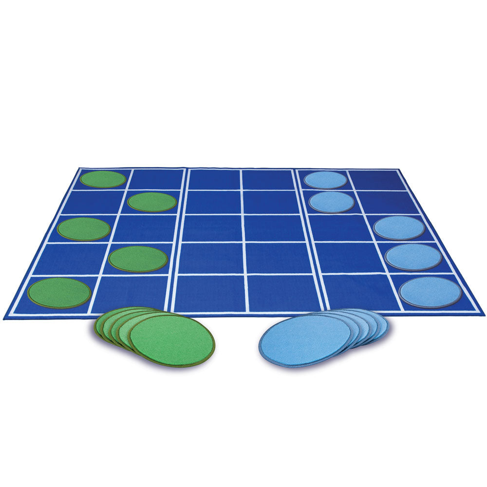 Giant blue and green Ten Frames Rug with discs for interactive math learning, measuring 3m x 2m with a non-slip backing.